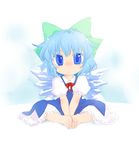  bad_id bad_pixiv_id barefoot blue_eyes blue_hair bow butterfly_sitting child cirno feet hair_bow kiriu short_hair sitting solo touhou wings 