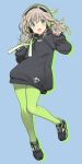  1girl :o black_hoodie blonde_hair blue_background blush green_eyes green_headphones green_leggings headphones hood hoodie leggings looking_at_viewer luminous_witches open_mouth pantyhose shimada_fumikane shoes simple_background smile sneakers virginia_robertson world_witches_series 
