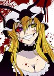  blonde_hair blood crazy crazy_smile din_(flypaper) eyes grin hat heterochromia highres horror_(theme) mismatched_sclera red_sclera ribbon smile solo touhou yakumo_yukari yellow_eyes 