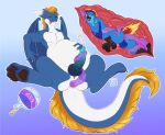 abdominal_bulge anthro anthro_prey avian avian_feet beak bird blue_body dipstick_feathers duo feathered_tail feathers feral feral_pred genitals head_feathers hi_res ka&#039;lam&#039;holn&#039;qui&#039;ke larger_pred male male_pred male_prey multicolored_eyes nyama orange_body parrot penetration penis rainbow_eyes size_difference spamjamz speckled_body tail tentacle_penetration tentacles vore