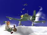  2boys aircraft airplane angry bag beret bomber bottle broom broom_riding brown_hair can closed_eyes cloud commentary day flying hat inui_(jt1116) iron_cross ju_87 military military_vehicle multiple_boys open_mouth original short_hair sky tears throwing witch world_war_ii 