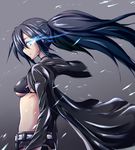  belt bikini_top black_hair black_rock_shooter black_rock_shooter_(character) blue_eyes breasts burning_eye glowing glowing_eyes long_hair medium_breasts mitsuru_(madeinore) scar short_shorts shorts sideboob smile solo twintails underboob 