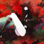  bad_id bad_pixiv_id black_gold_saw black_hair black_rock_shooter boots coat horns king_saw long_hair okurabaakaa red_eyes solo sword weapon 