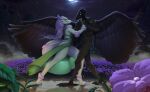 absurd_res anthro armor avian clothed clothing dancing dragon duo female flower hair happy heidi_(the7thprimarch) hi_res horn kalivero light long_hair looking_at_another male monster moon moonlight multi_eye mythological_creature mythological_scalie mythology plant scalie tail wings