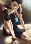  1boy arm_on_knee arm_support black_hair black_shirt black_shorts blonde_hair brown_eyes colored_bangs commentary_request elbow_pads food haikyuu!! highres holding holding_food holding_ice_cream hoxhdere ice_cream indoors knee_up korean_commentary looking_at_viewer male_focus multicolored_hair nishinoya_yuu shirt shoes short_sleeves shorts single_elbow_pad sitting sleeves_rolled_up socks solo streaked_hair toned toned_male white_shoes white_socks 