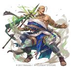 1boy armlet bare_pectorals blonde_hair dark-skinned_male dark_skin debris facial_tattoo fighting_stance fire_emblem fire_emblem:_the_binding_blade fire_emblem_heroes full_body fur_trim gold_necklace hawkeye_(fire_emblem) holding holding_polearm holding_weapon jewelry lance large_pectorals leg_armor long_hair male_focus muscular muscular_male necklace nipples official_art open_mouth pectorals polearm ponytail sandals so-taro solo tattoo thick_thighs thighs toes weapon white_background 