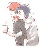  2boys black_shirt chueog closed_eyes cup ethan_(pokemon) from_side hand_on_another&#039;s_waist highres holding holding_cup hood hoodie hug hug_from_behind long_sleeves multiple_boys open_mouth pokemon pokemon_gsc red_hair shirt silver_(pokemon) simple_background upper_body white_background white_hoodie yaoi 