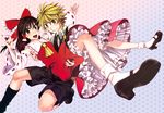  1girl blonde_hair bow braid carrying detached_sleeves frills genderswap genderswap_(ftm) hakurei_reimu hands kayako_(tdxxxk) kirisame_marisa petticoat princess_carry shorts skirt star starry_background touhou 