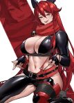  1girl black_gloves blush breasts cleavage clothing_cutout crotch_plate fingerless_gloves gloves goddess_of_victory:_nikke hair_between_eyes highres hip_vent horns large_breasts leather leather_pants leg_cutout long_hair long_sleeves looking_at_viewer mechanical_horns navel open_mouth pants red_hair red_hood_(nikke) red_scarf scarf smile solo unzipped yellow_eyes zukululuu 