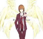  bad_id bad_pixiv_id brown_hair formal hands_in_pockets highres kakine_teitoku male_focus minoru_(mnr_akgr) multiple_wings seraph smile solo to_aru_majutsu_no_index wings 