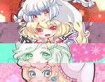  :&gt; :3 aqua_eyes chibi column_lineup crossover eyebrows fang flandre_scarlet fujiwara_no_mokou komeiji_koishi lowres mario_(series) multiple_girls no_nose odd_one_out princess_peach red_eyes slit_pupils smile stage_connection super_mario_bros. symbol-shaped_pupils thick_eyebrows touhou yukimimi 