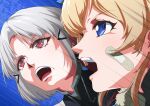  2girls bandaid bandaid_on_face blonde_hair blue_eyes brain_powered breasts drake_(nikke) fang goddess_of_victory:_nikke hair_ornament hiraken laplace_(nikke) long_hair multiple_girls open_mouth parody red_eyes retro_artstyle short_hair twintails upper_body white_hair 