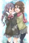  alice-yuki bad_id bad_pixiv_id black_hair brown_eyes brown_hair coat hirasawa_yui k-on! long_hair mittens multiple_girls nakano_azusa pantyhose plaid plaid_scarf scarf short_hair snowflakes twintails winter_clothes 