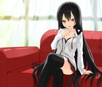  bad_id bad_pixiv_id black_hair black_legwear bra breasts cleavage couch crossed_legs dress_shirt kurasawa_moko lingerie long_hair long_sleeves medium_breasts open_clothes open_shirt original pink_eyes shirt sitting solo thighhighs underwear very_long_hair 