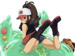  bag baseball_cap blue_eyes boots brown_hair denim denim_shorts gen_5_pokemon hat pokemon pokemon_(creature) pokemon_(game) pokemon_bw ponytail pu-chin reuniclus shorts tepig thighs touko_(pokemon) vest 