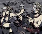  1girl bad_id bad_pixiv_id beads bird blonde_hair brother_and_sister crow earrings flower guitar hair_ribbon instrument jewelry kagamine_len kagamine_rin keruberosu-a lotus mask microphone microphone_stand midriff navel prayer_beads ribbon short_hair siblings skull thighhighs twins vocaloid 