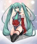  detached_sleeves eu03 face green_eyes green_hair hatsune_miku kneeling long_hair necktie smile solo thighhighs twintails very_long_hair vocaloid 