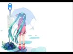  boots bus_stop from_behind green_hair hair_ribbon hatsune_miku legs long_hair ma_(2ql) plant puddle ribbon rubber_boots sign simple_background solo twintails umbrella very_long_hair vocaloid wind 