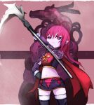  1girl black_gloves boots cape colored_skin cropped_legs gloves golden_sun holding holding_scythe karst long_hair navel pink_background pink_hair pointy_ears purple_eyes purple_skin puyiku red_cape scythe skirt 