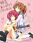  angel_beats! bad_id bad_pixiv_id blue_eyes boots brown_hair guitar hisako_(angel_beats!) hug hug_from_behind instrument iwasawa kamioto_musu long_hair multiple_girls one_eye_closed panties pantyshot ponytail red_eyes red_hair school_uniform serafuku short_hair sleeves_rolled_up thigh_strap underwear 