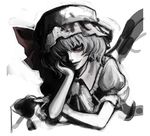  blue_man chin_rest greyscale hat monochrome one-eyed remilia_scarlet smile solo touhou 