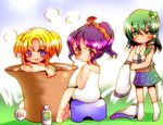  bath kochiya_sanae koro_(artist) moriya_suwako multiple_girls naked_towel pyonta short_hair touhou towel undressing yasaka_kanako 