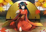  autumn_leaves bad_id bad_pixiv_id beckoning blue_hair brown_eyes from_behind japanese_clothes kimono kurojishi leaf long_hair looking_at_viewer maple_leaf on_floor original outstretched_arm reaching seiza sitting solo wooden_floor 