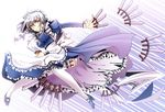  between_fingers braid holster izayoi_sakuya knife maid maid_headdress red_eyes sakayaki_(burning_soul) short_hair silver_hair solo thigh_holster thighhighs too_many too_many_knives touhou twin_braids 