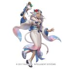  1girl anbe_yoshirou animal_ears ash_(fire_emblem) ash_(new_year)_(fire_emblem) breasts copyright_notice cow_ears cow_horns cow_tail dark-skinned_female dark_skin fire_emblem fire_emblem_heroes flower full_body fur_trim gradient_background gradient_clothes hagoita hair_ornament holding horns japanese_clothes kimono long_hair medium_breasts obi official_art open_mouth paddle sandals sash sidelocks smile solo tabi tail white_background white_hair wide_sleeves yellow_eyes zouri 