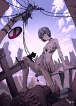  as109 ayanami_rei bad_id bad_pixiv_id bandage_over_one_eye bandages blue_hair bodysuit breasts building cross fisheye head_tilt highres looking_at_viewer neon_genesis_evangelion plugsuit power_lines red_eyes road_sign rubble ruins short_hair sign skyscraper small_breasts solo transformer white_bodysuit 