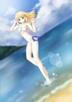  absurdres ahoge artoria_pendragon_(all) barefoot bikini blonde_hair dutch_angle fate/stay_night fate_(series) freewind green_eyes highres lens_flare long_hair saber solo swimsuit wading water 