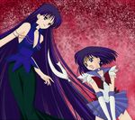  bishoujo_senshi_sailor_moon black_hair blue_hair choker dress dual_persona earrings elbow_gloves glaive gloves hamutarou jewelry lipstick long_hair magical_girl makeup mistress_9 multiple_girls polearm purple_eyes sailor_saturn sailor_senshi_uniform short_hair staff tomoe_hotaru very_long_hair weapon 