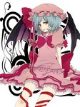  bad_id bad_pixiv_id bat_wings blue_hair bow hat highres red_eyes remilia_scarlet ribbon short_hair sitting solo touhou waiko wings 