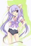  animal_ears bad_id bad_pixiv_id blue_eyes cat_ears cat_tail hand_on_hip no_pants one-piece_swimsuit one_eye_closed original purple_hair school_swimsuit school_uniform serafuku solo swimsuit swimsuit_under_clothes tail twintails yumesato_makura 