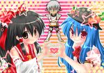  2girls black_hair blue_hair blush bow brown_eyes buront crossed_arms detached_sleeves final_fantasy final_fantasy_xi food fruit grey_hair hair_bow hakurei_reimu hat heart heart_hands heart_hands_duo hinanawi_tenshi long_hair m.u.g.e.n multiple_girls nagare peach pink_eyes pointy_ears sweatdrop symmetrical_hand_pose the_iron_of_yin_and_yang the_legend_of_gluttony touhou 