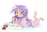  1girl alternate_hairstyle barefoot book brand_name_imitation collarbone eating feet food hair_down hiiragi_kagami long_hair lucky_star lying md5_mismatch on_stomach pajamas pillow pocky purple_eyes purple_hair solo surprised sweatdrop tsurime tyke 