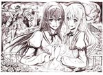  flower hair_ribbon hairband himemiya_chikane holding_hands kannazuki_no_miko kurusugawa_himeko mecha monochrome multiple_girls nobita puffy_sleeves purple ribbon rose school_uniform source_request traditional_media yuri 