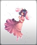  animal_ears bad_id bad_pixiv_id barefoot black_hair bunny_ears dress inaba_tewi light_smile maryquant red_eyes short_hair solo touhou 