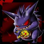  blood da_phase_meister eating fangs gen_1_pokemon gengar no_humans pikachu pokemon pokemon_(creature) watermark 