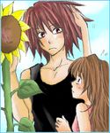  anna_irving blush brown_eyes brown_hair couple flower kratos_aurion lowres oekaki red_hair redhead sunflower tales_of_(series) tales_of_symphonia 