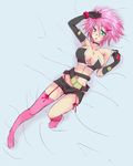  1girl arc_system_works bare_shoulders big_breasts blazblue bracelet breasts choker cleavage female full_body genderswap gloves green_eyes heterochromia jewelry large_breasts lying midriff pink_eyes pink_hair ragna_the_bloodedge short_hair short_shorts shorts solo thigh-highs thighhighs yukichi_(pixiv338887) 