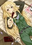  bad_id bad_pixiv_id blonde_hair blush candy eating food foreshortening hands kyon_(fuuran) long_hair lying on_back original pocky solo yellow_eyes 