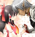  1girl armor black_hair bow buront closed_eyes couple crossover dark_skin detached_sleeves face-to-face final_fantasy final_fantasy_xi forehead-to-forehead grey_hair hair_bow hakurei_reimu hetero holding_hands long_hair nagare pointy_ears the_iron_of_yin_and_yang touhou 