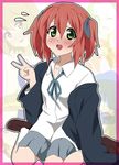  blush cosplay face green_eyes ikari_manatsu k-on! kneeling kobayakawa_yutaka lucky_star oversized_clothes red_hair school_uniform short_hair solo tainaka_ritsu twintails v 