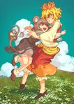 animal_ears basket blonde_hair cloud day field flower grey_hair hair_ornament hands highres hug jewelry momijigari mouse mouse_ears mouse_tail multiple_girls nazrin pendant red_eyes short_hair tail toramaru_shou touhou yellow_eyes 