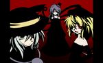  black_hair blonde_hair dress elbow_gloves fangs flandre_scarlet gloves green_eyes grey_hair hat highres houjuu_nue komeiji_koishi long_hair mini_hat mini_top_hat multiple_girls naginami pillarboxed red_eyes ribbon stage_connection top_hat touhou wallpaper wings 