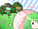  bad_id bad_pixiv_id chibi comic english flower from_behind frown green_hair hat jpeg_artifacts kazami_yuuka kneeling komeiji_koishi kuzugitsune_(inarikami) multiple_girls parasol red_flower red_rose romaji rose short_hair sign silent_comic touhou umbrella 