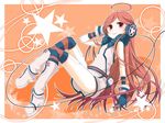  ahoge android bad_id bad_pixiv_id blush boots gloves headphones hiiro_(kikokico) kneehighs long_hair multicolored multicolored_clothes multicolored_legwear red_eyes red_hair robot_joints sf-a2_miki smile socks solo striped striped_gloves striped_legwear thighhighs vocaloid wrist_cuffs 