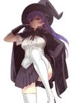  bad_id bad_pixiv_id banned_artist breasts cape gloves hand_on_hip hat highres large_breasts long_hair nagasawa_shin original purple_eyes purple_hair solo thighhighs white_legwear witch witch_hat zettai_ryouiki 