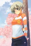  arms_behind_back blonde_hair brown_eyes cherry_blossoms hirokiku holding_arm letter light_brown_hair love_letter original petals short_hair shy solo star striped sweater 